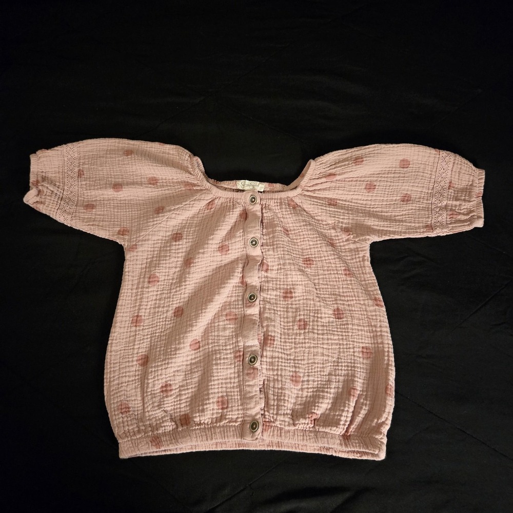 Jessica‎ Simpson Blouse Girls 7/8 Pink 100% Cotton Gaze Polka Dot 3/4 Sleeve